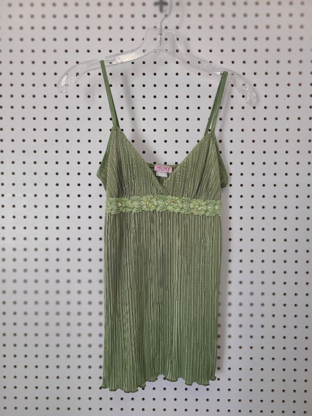 Lipstick Green Pleated Mini Dress With Spaghetti Straps & Floral Lace Accent Siz